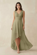 V - Neck High - Low Chiffon Bridesmaid Dress in Thyme - SHE IS ME Bridesmaid Dresses