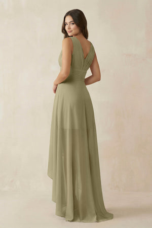 V - Neck High - Low Chiffon Bridesmaid Dress in Thyme - SHE IS ME Bridesmaid Dresses