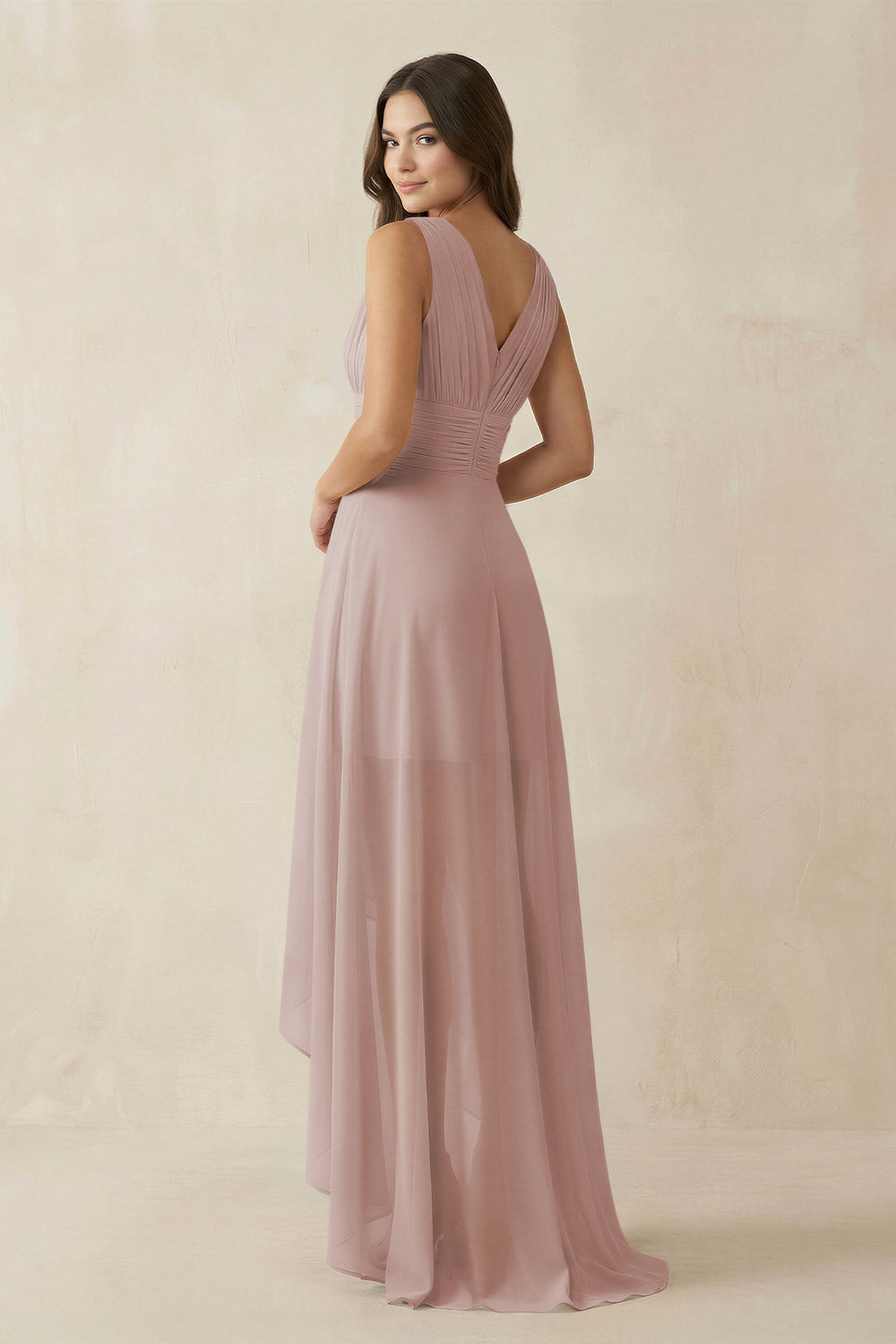 V-Neck High-Low Chiffon Bridesmaid Dress in Toffee