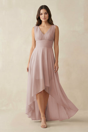 V - Neck High - Low Chiffon Bridesmaid Dress in Toffee - SHE IS ME Bridesmaid Dresses