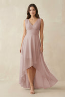 V-Neck High-Low Chiffon Bridesmaid Dress in Toffee | KISSBRIDAL