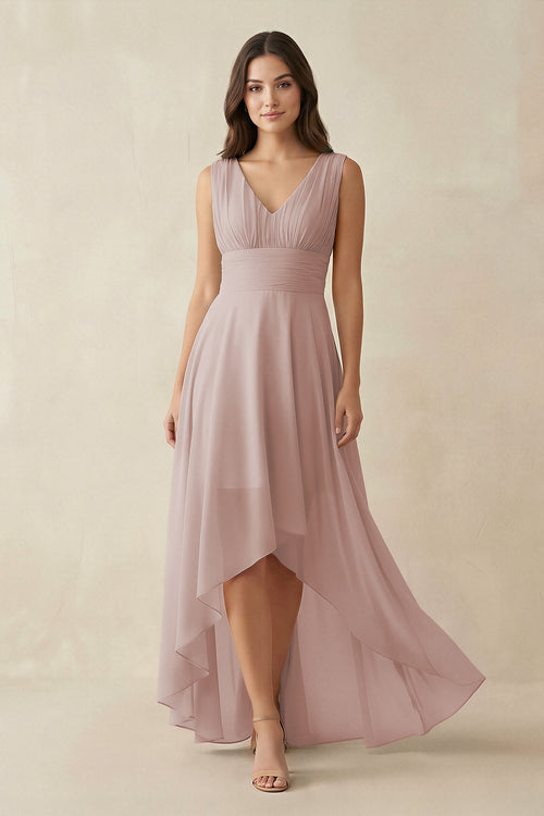 V-Neck High-Low Chiffon Bridesmaid Dress in Toffee | KISSBRIDAL