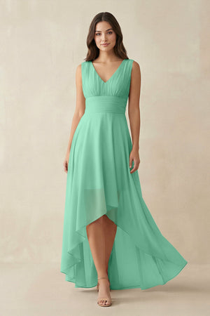 V - Neck High - Low Chiffon Bridesmaid Dress in Turquoise - SHE IS ME Bridesmaid Dresses