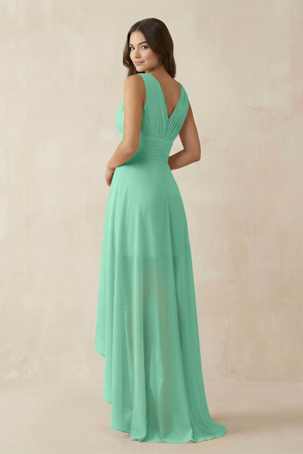 V - Neck High - Low Chiffon Bridesmaid Dress in Turquoise - KISS BRIDAL Bridesmaid Dresses