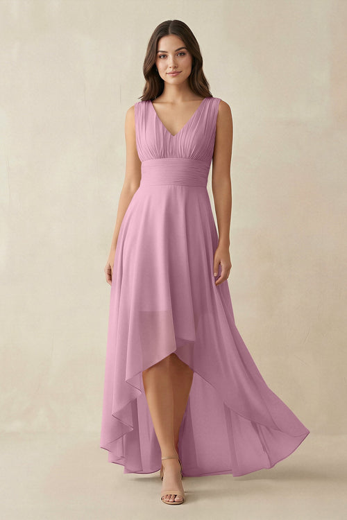 V - Neck High - Low Chiffon Bridesmaid Dress in Vintage Mauve - SHE IS ME Bridesmaid Dresses