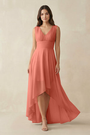 V - Neck High - Low Chiffon Bridesmaid Dress in Wild Rose - SHE IS ME Bridesmaid Dresses
