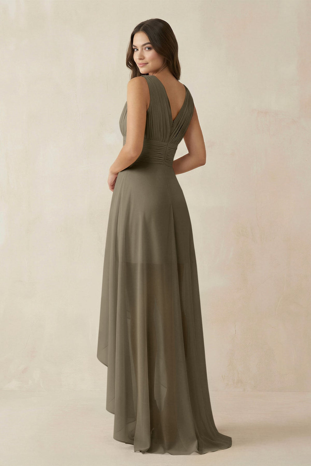 V - Neck High - Low Chiffon Bridesmaid Dress in Willow Green - KISS BRIDAL Bridesmaid Dresses