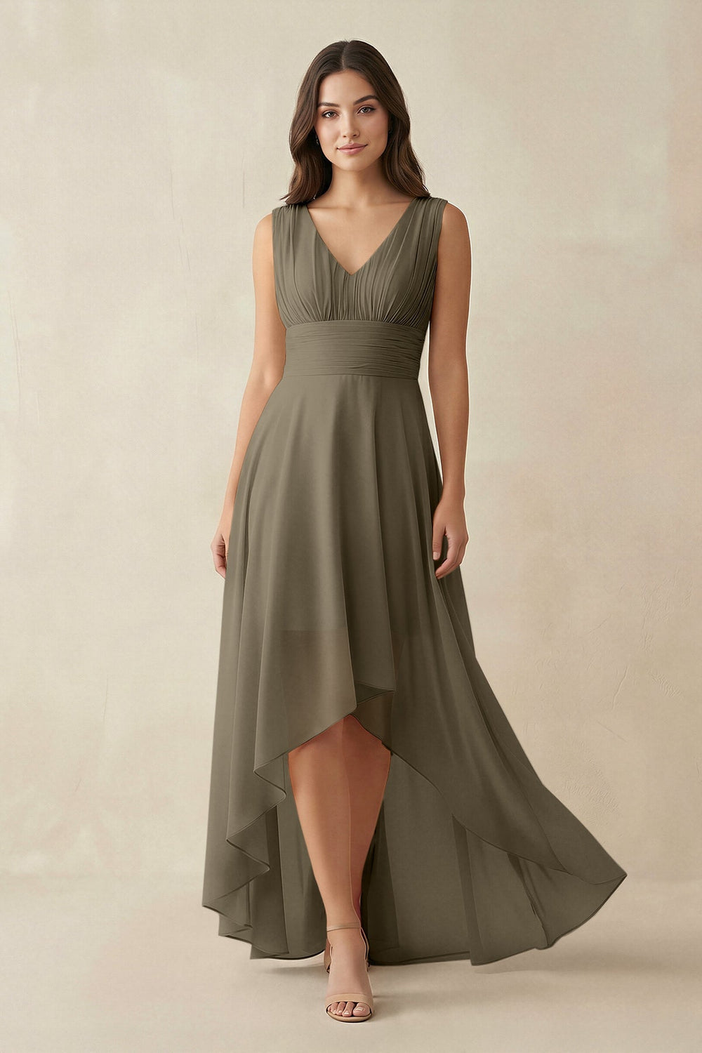V - Neck High - Low Chiffon Bridesmaid Dress in Willow Green - KISS BRIDAL Bridesmaid Dresses