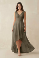 V - Neck High - Low Chiffon Bridesmaid Dress in Willow Green - SHE IS ME Bridesmaid Dresses