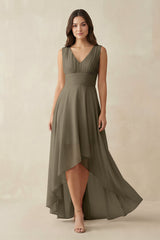 V - Neck High - Low Chiffon Bridesmaid Dress in Willow Green - KISS BRIDAL Bridesmaid Dresses