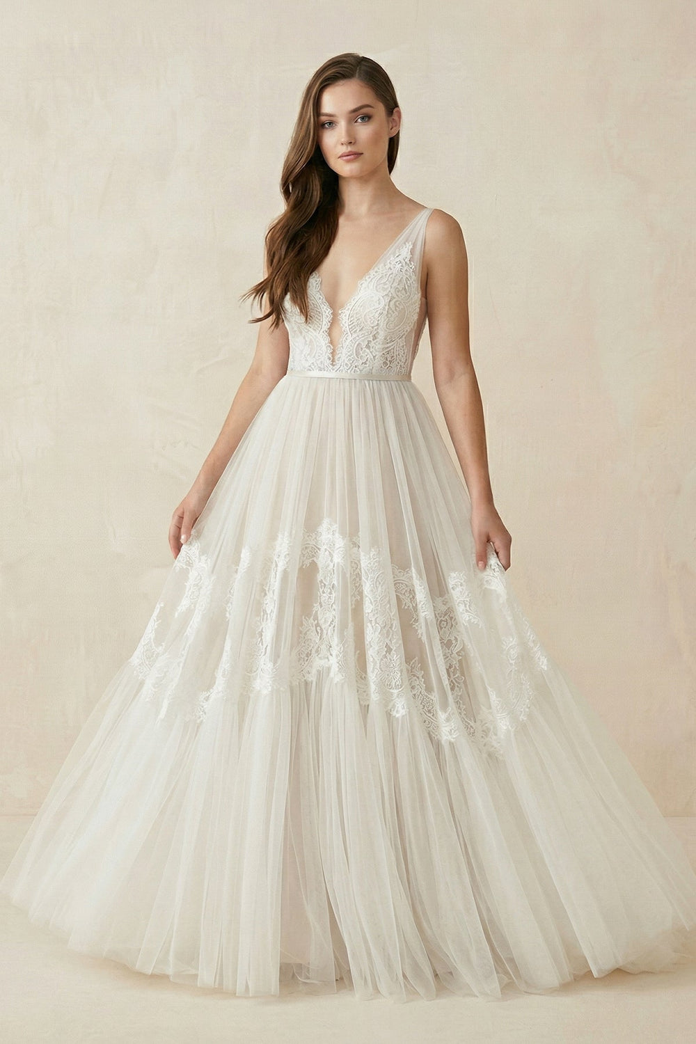 V - Neck Lace A - Line Tulle Wedding Dress in White - Nude - KISS BRIDAL Wedding Dresses