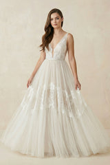 V - Neck Lace A - Line Tulle Wedding Dress in White - Nude - KISS BRIDAL Wedding Dresses