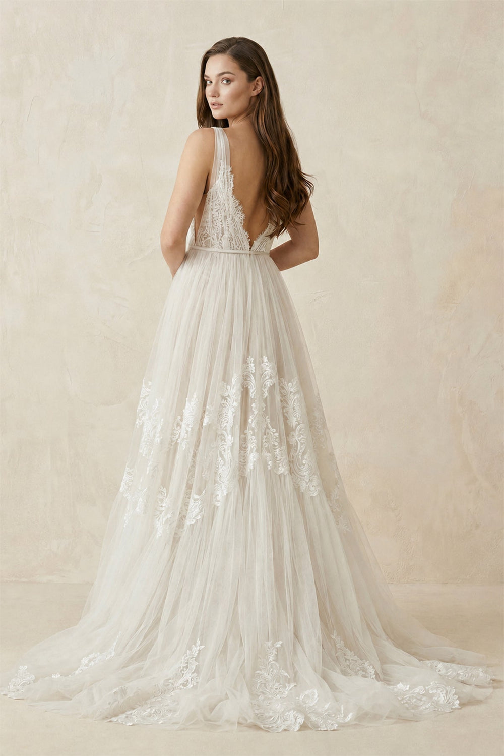 V - Neck Lace A - Line Tulle Wedding Dress in White - Nude - KISS BRIDAL Wedding Dresses