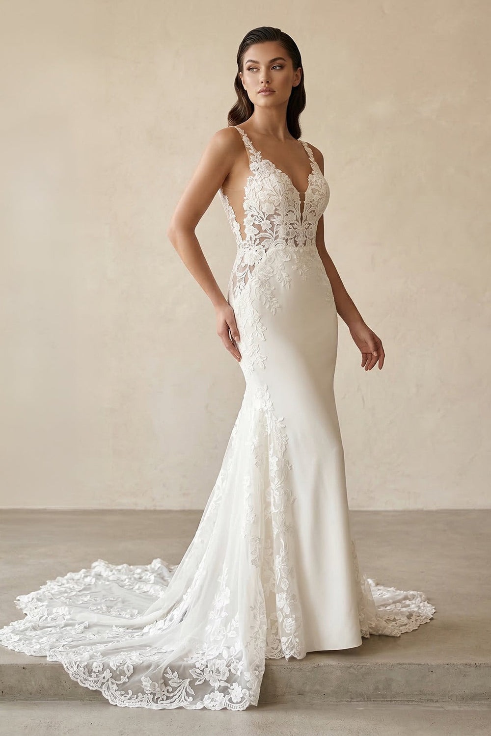 V - Neck Lace Mermaid Appliqued Wedding Dress in White - KISS BRIDAL Wedding Dresses