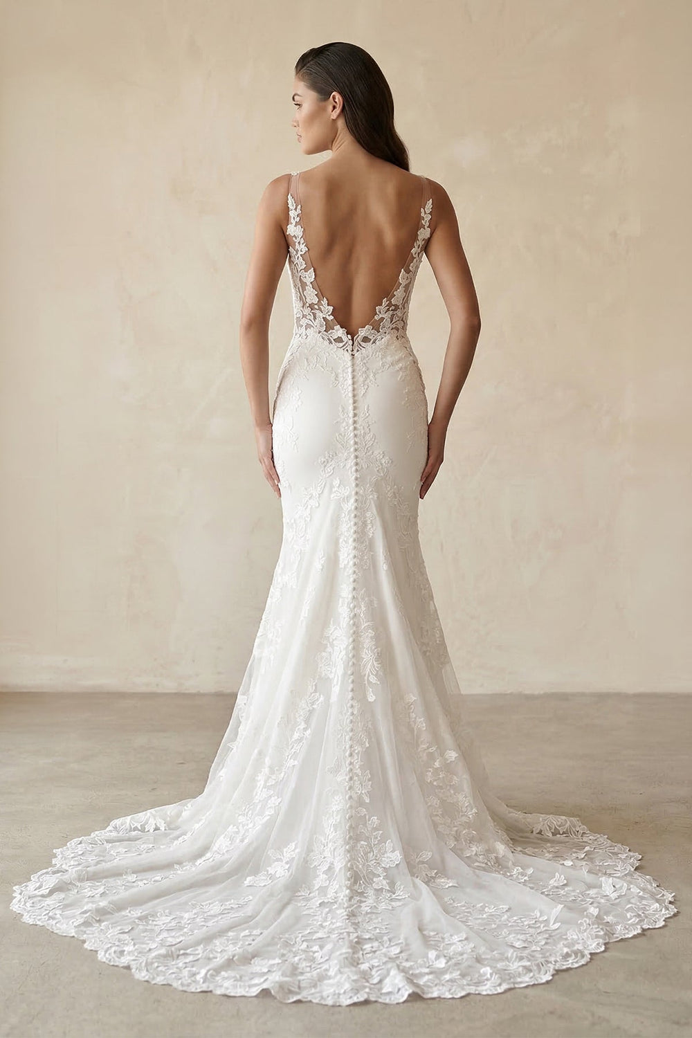V - Neck Lace Mermaid Appliqued Wedding Dress in White - KISS BRIDAL Wedding Dresses
