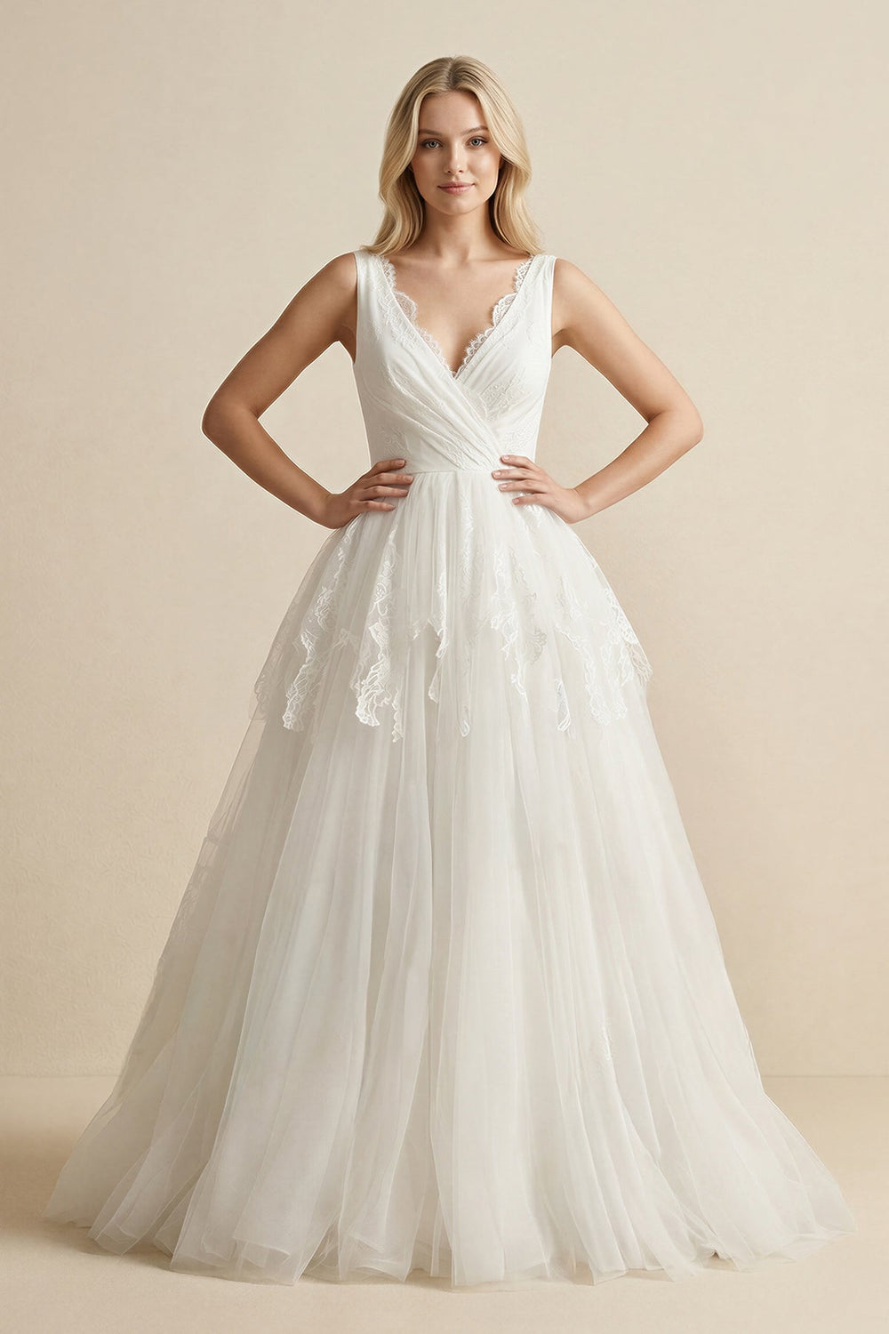 V - Neck Lace Tulle Ruched Wedding Dress in Ivory - KISS BRIDAL Wedding Dresses