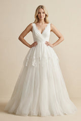 V - Neck Lace Tulle Ruched Wedding Dress in Ivory - KISS BRIDAL Wedding Dresses