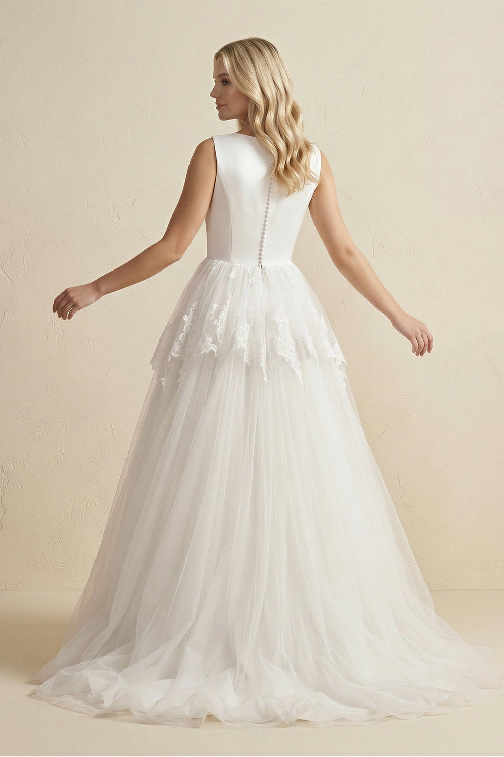 V - Neck Lace Tulle Ruched Wedding Dress in Ivory - KISS BRIDAL Wedding Dresses
