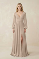 V-Neck Long Sleeve A-Line Chiffon Bridesmaid Dress in Almond - SHE IS ME BRIDESMAID DRESSES