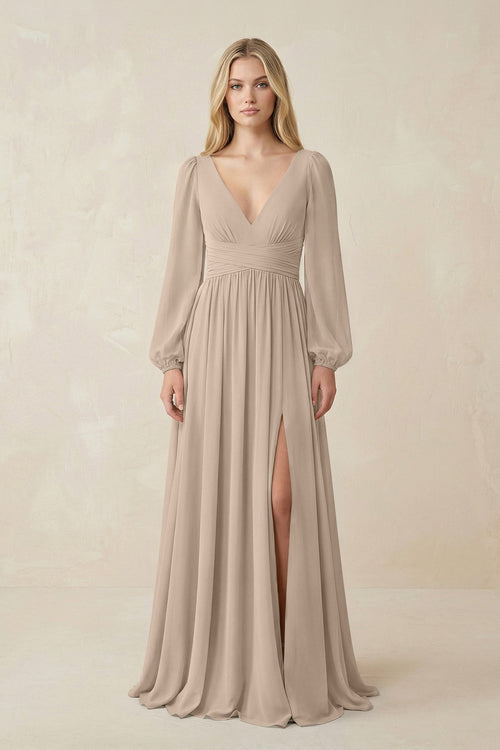V-Neck Long Sleeve A-Line Chiffon Bridesmaid Dress in Almond - SHE IS ME BRIDESMAID DRESSES