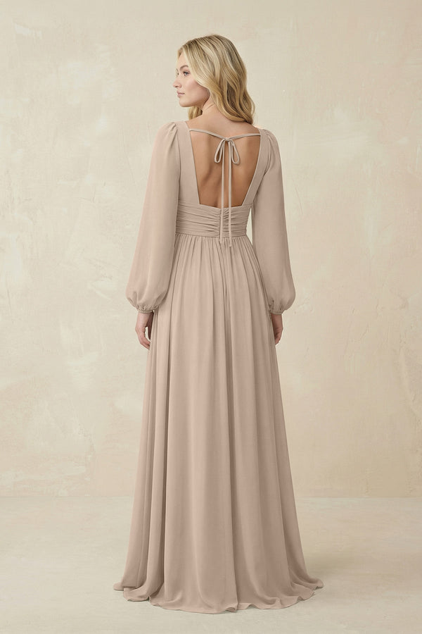 V-Neck Long Sleeve A-Line Chiffon Bridesmaid Dress in Almond - SHE IS ME BRIDESMAID DRESSES