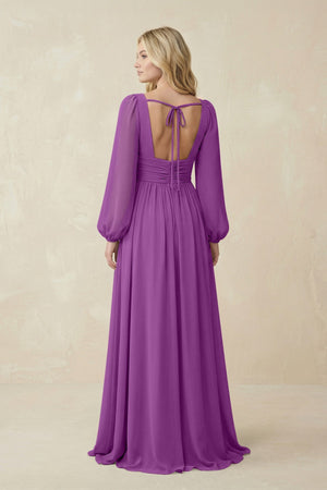 V-Neck Long Sleeve A-Line Chiffon Bridesmaid Dress in Amethyst - SHE IS ME BRIDESMAID DRESSES