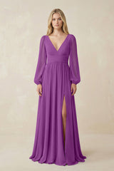 V-Neck Long Sleeve A-Line Chiffon Bridesmaid Dress in Amethyst - KISS BRIDAL BRIDESMAID DRESSES