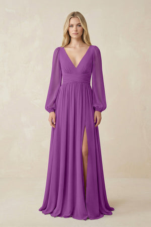 V-Neck Long Sleeve A-Line Chiffon Bridesmaid Dress in Amethyst - SHE IS ME BRIDESMAID DRESSES