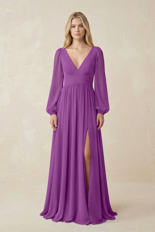 V-Neck Long Sleeve A-Line Chiffon Bridesmaid Dress in Amethyst - SHE IS ME BRIDESMAID DRESSES