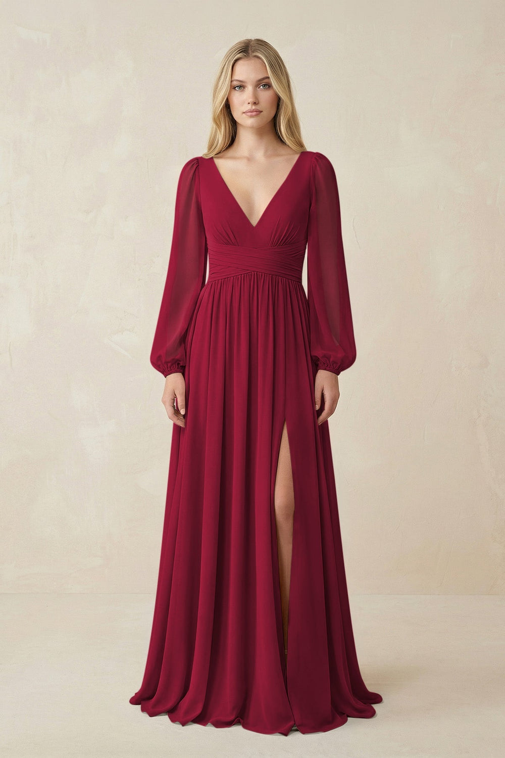 V-Neck Long Sleeve A-Line Chiffon Bridesmaid Dress in Berry - KISS BRIDAL BRIDESMAID DRESSES