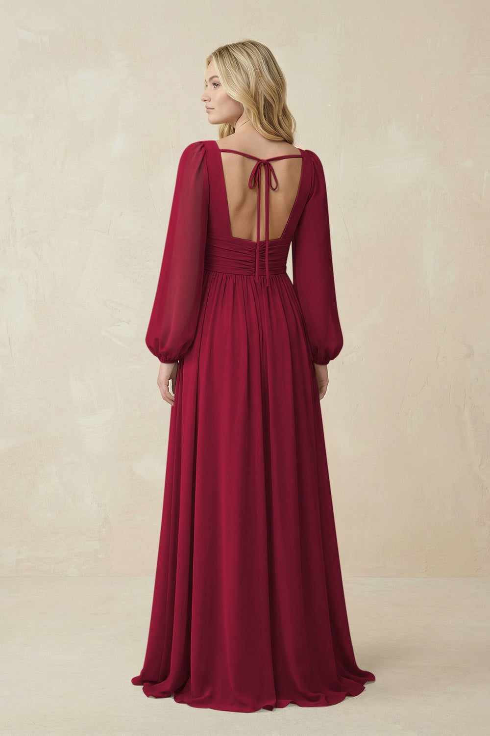 V-Neck Long Sleeve A-Line Chiffon Bridesmaid Dress in Berry - KISS BRIDAL BRIDESMAID DRESSES