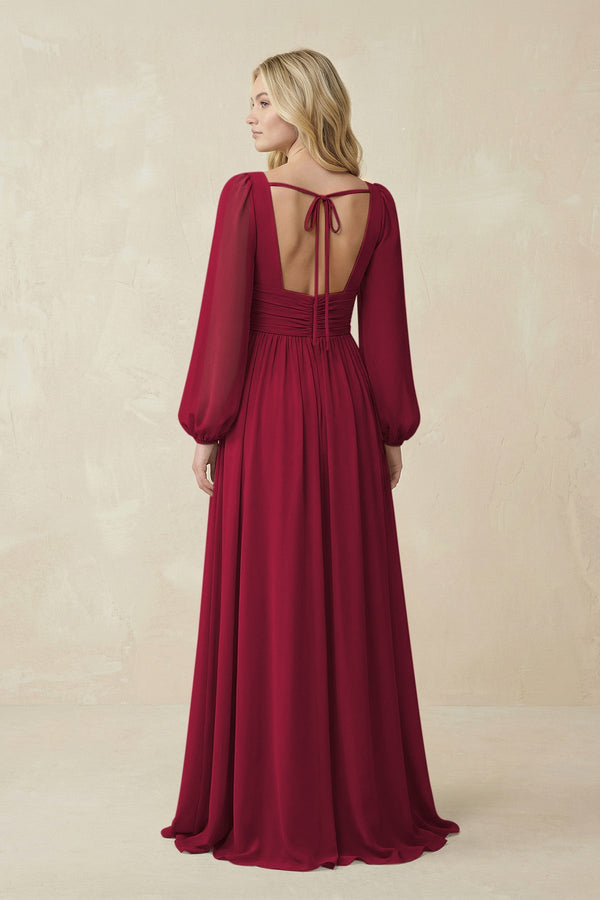 V-Neck Long Sleeve A-Line Chiffon Bridesmaid Dress in Berry - SHE IS ME BRIDESMAID DRESSES