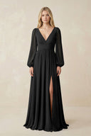 V-Neck Long Sleeve A-Line Chiffon Bridesmaid Dress in Black - SHE IS ME BRIDESMAID DRESSES