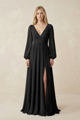V-Neck Long Sleeve A-Line Chiffon Bridesmaid Dress in Black - KISS BRIDAL BRIDESMAID DRESSES