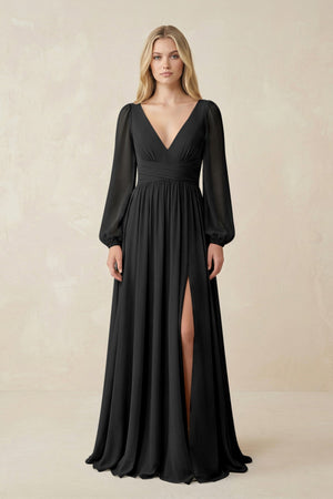 V-Neck Long Sleeve A-Line Chiffon Bridesmaid Dress in Black - SHE IS ME BRIDESMAID DRESSES