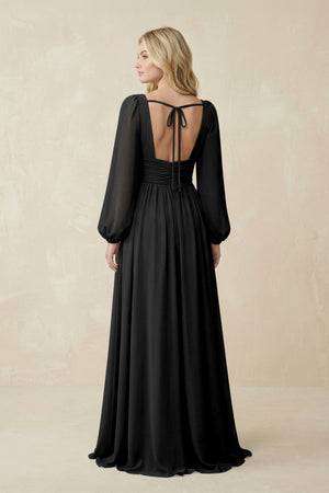 V-Neck Long Sleeve A-Line Chiffon Bridesmaid Dress in Black - SHE IS ME BRIDESMAID DRESSES