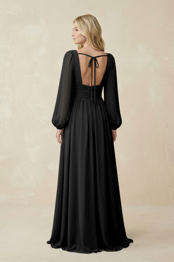 V-Neck Long Sleeve A-Line Chiffon Bridesmaid Dress in Black - SHE IS ME BRIDESMAID DRESSES