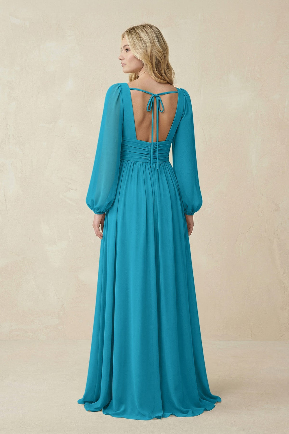 V-Neck Long Sleeve A-Line Chiffon Bridesmaid Dress in Blue Jay - KISS BRIDAL BRIDESMAID DRESSES