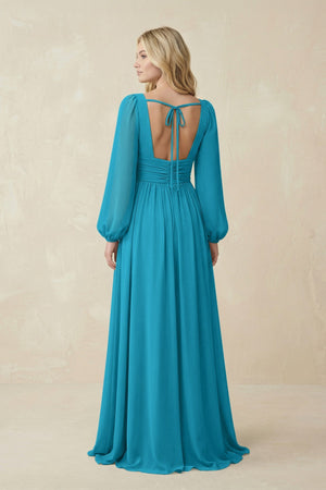 V-Neck Long Sleeve A-Line Chiffon Bridesmaid Dress in Blue Jay - SHE IS ME BRIDESMAID DRESSES