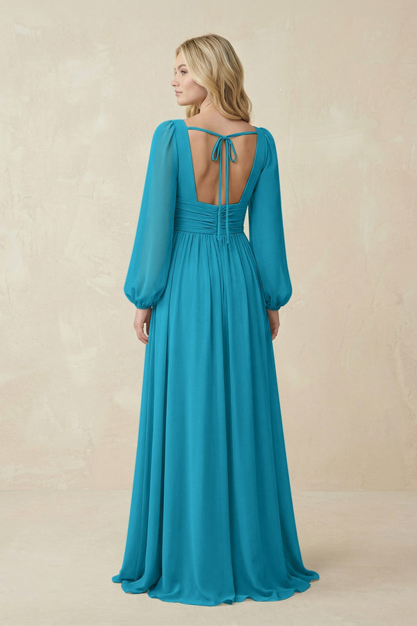 V-Neck Long Sleeve A-Line Chiffon Bridesmaid Dress in Blue Jay - SHE IS ME BRIDESMAID DRESSES