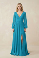 V-Neck Long Sleeve A-Line Chiffon Bridesmaid Dress in Blue Jay - SHE IS ME BRIDESMAID DRESSES