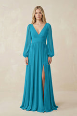 V-Neck Long Sleeve A-Line Chiffon Bridesmaid Dress in Blue Jay - KISS BRIDAL BRIDESMAID DRESSES