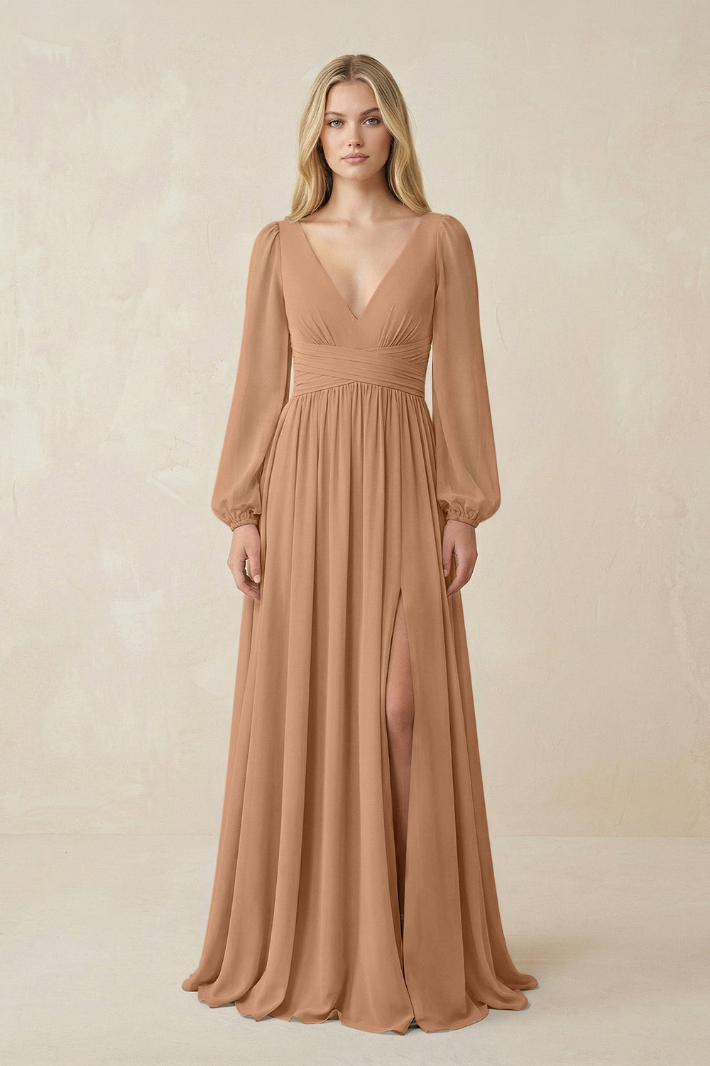 V-Neck Long Sleeve A-Line Chiffon Bridesmaid Dress in Bronzer - KISS BRIDAL BRIDESMAID DRESSES