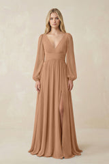 V-Neck Long Sleeve A-Line Chiffon Bridesmaid Dress in Bronzer - KISS BRIDAL BRIDESMAID DRESSES