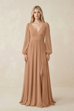 V-Neck Long Sleeve A-Line Chiffon Bridesmaid Dress in Bronzer - SHE IS ME BRIDESMAID DRESSES