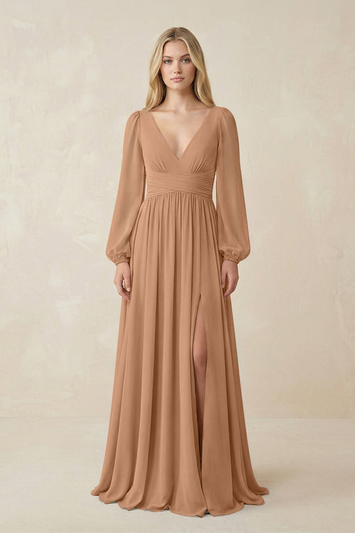 V-Neck Long Sleeve A-Line Chiffon Bridesmaid Dress in Bronzer - SHE IS ME BRIDESMAID DRESSES