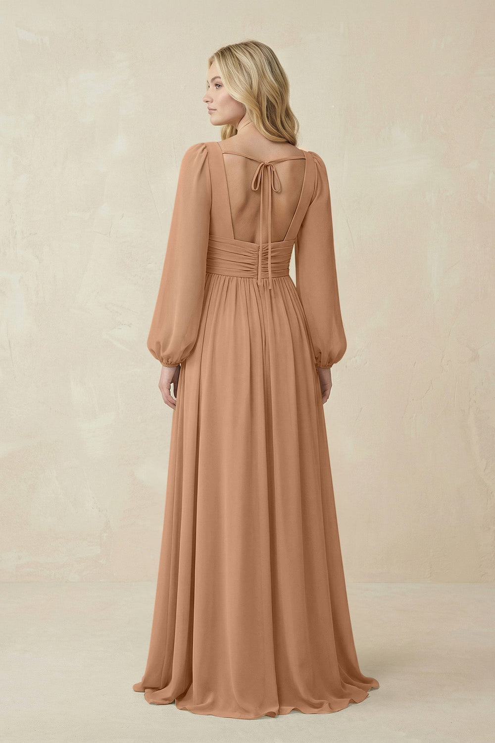 V-Neck Long Sleeve A-Line Chiffon Bridesmaid Dress in Bronzer - KISS BRIDAL BRIDESMAID DRESSES