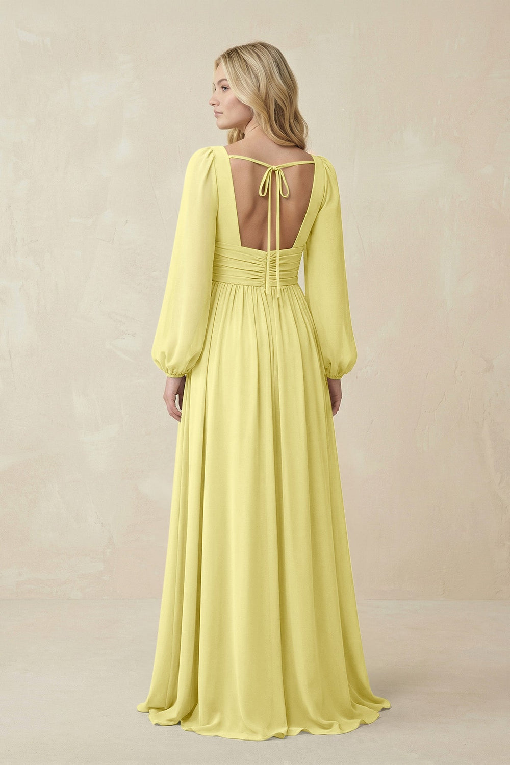 V-Neck Long Sleeve A-Line Chiffon Bridesmaid Dress in Buttercup - KISS BRIDAL BRIDESMAID DRESSES