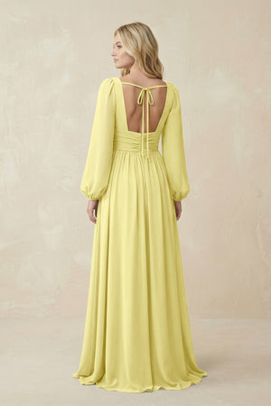 V-Neck Long Sleeve A-Line Chiffon Bridesmaid Dress in Buttercup - SHE IS ME BRIDESMAID DRESSES
