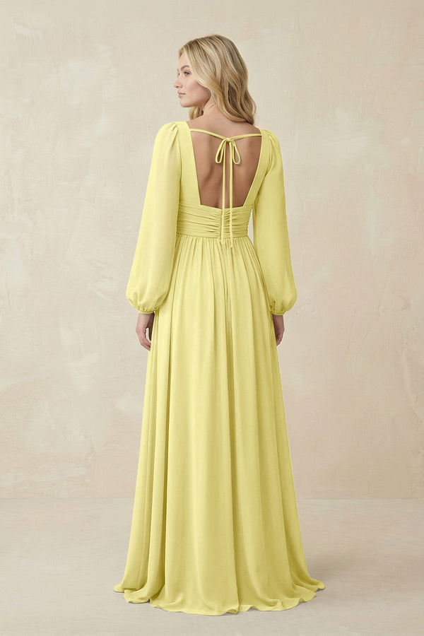 V-Neck Long Sleeve A-Line Chiffon Bridesmaid Dress in Buttercup - SHE IS ME BRIDESMAID DRESSES